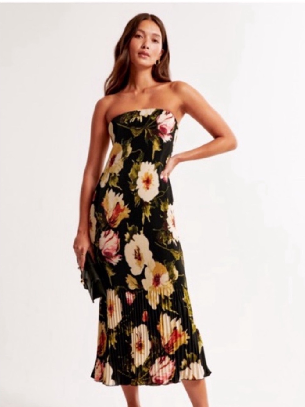 Abercrombie & Fitch Black Strapless Floral Midi Dress